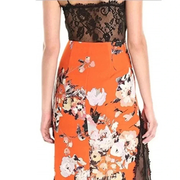 ABS Allen Schwartz Orange Floral Printed Slip Gown with Contrast Lace. Size 8. - Picture 3 of 13